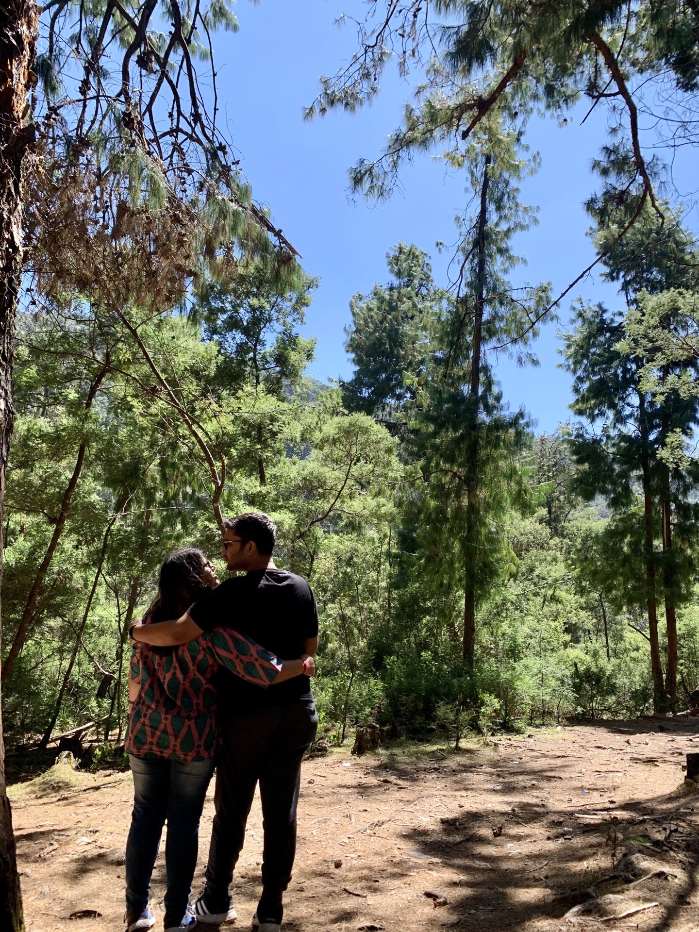 Areena and Sreetam side by side, looking at each other against a scenic backdrop